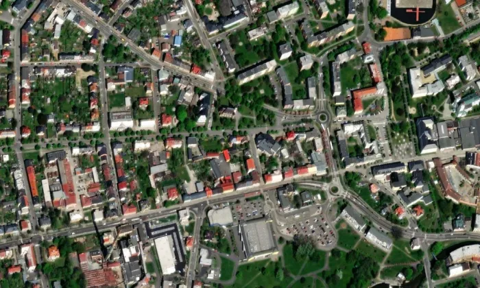 evangelický kostel v Krnově – letecký pohled
