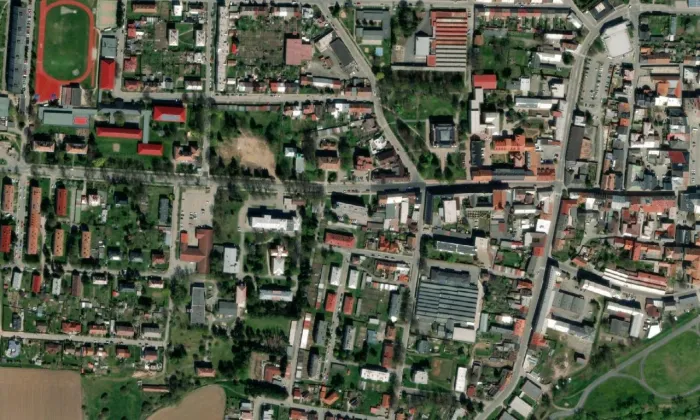 evangelický kostel v Moravské Třebové – letecký pohled