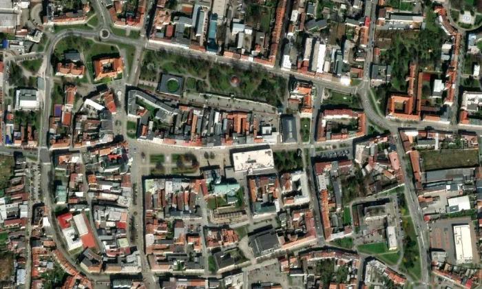 Husův sbor v Prostějově – letecký pohled