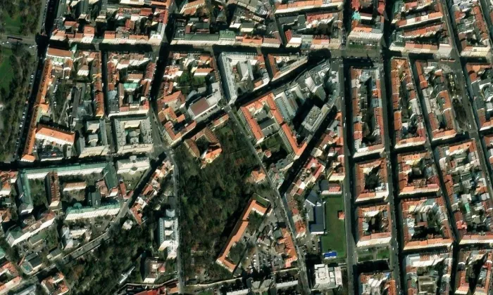 klášter augustiniánek na Novém Městě v Praze – letecký pohled