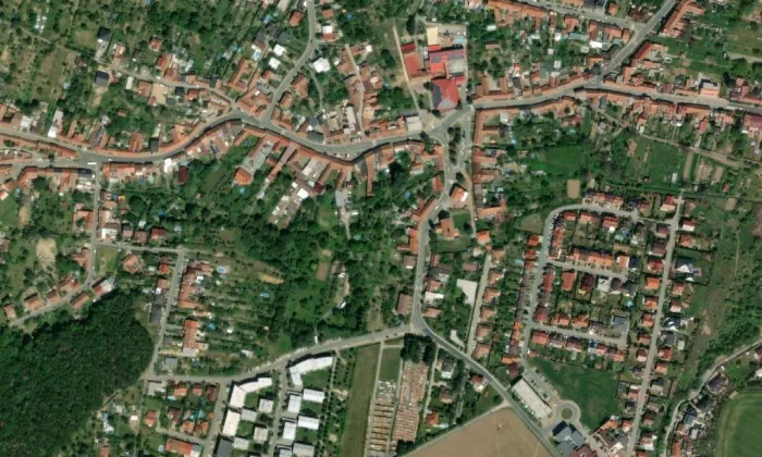 kostel svatého Bartoloměje (Žebětín) – letecký pohled