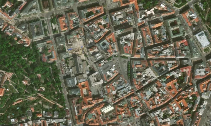 kostel svatého Mikuláše v Brně-městě – letecký pohled