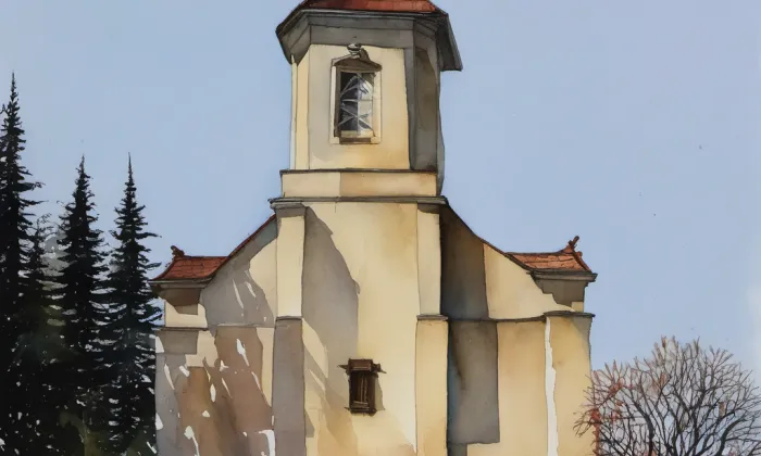 evangelický kostel v Opatově – akvarel