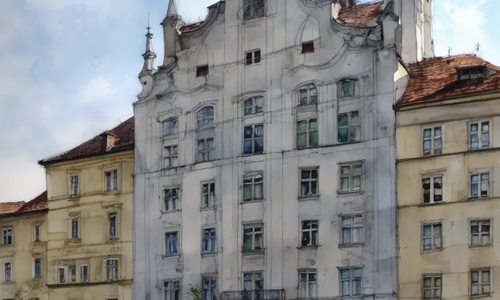 Husův sbor v Dejvicích – akvarel