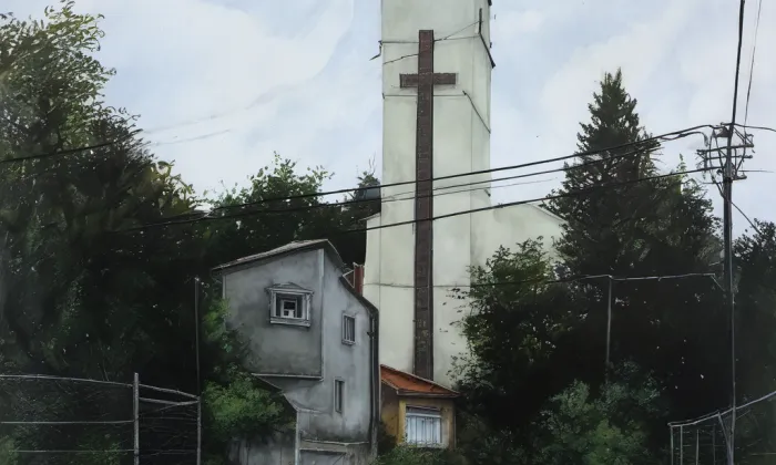 Husův sbor v Ostravě-Svinově – akvarel