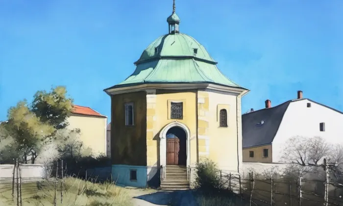 kaple na hřbitově v Doksech – akvarel