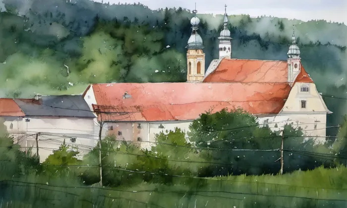 Klášter Dolní Ročov – akvarel