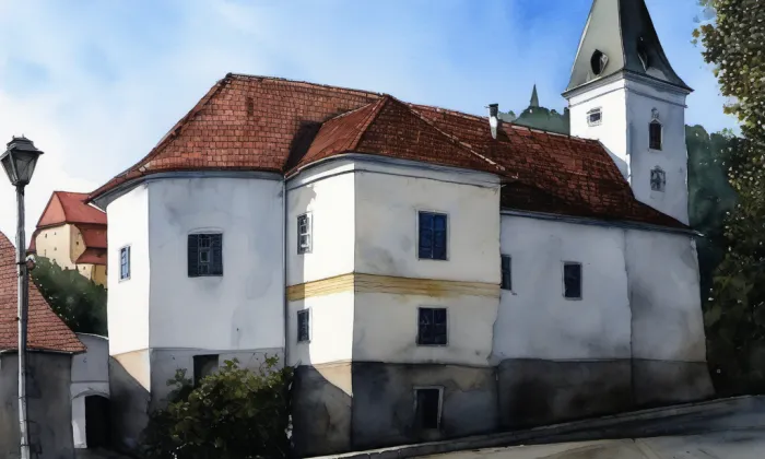 Kostel Nanebevzetí Panny Marie (Diváky) – akvarel