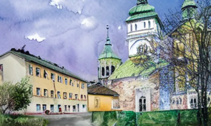 Kostel Nanebevzetí Panny Marie (Planá) – akvarel