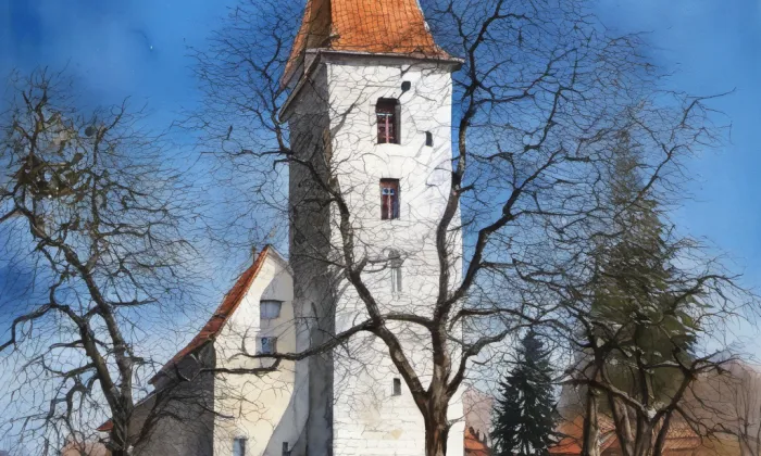 Kostel svatého Jakuba Většího (Boršov nad Vltavou) – akvarel