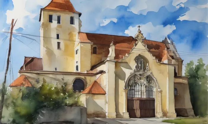 kostel svatého Jakuba Většího (Hodonice) – akvarel