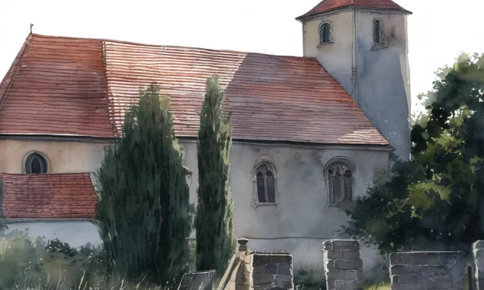 kostel svatého Jošta (Dolní Pertoltice) – akvarel
