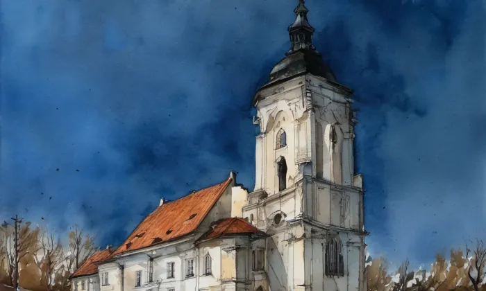 Kostel svatého Matěje v Bechyni – akvarel
