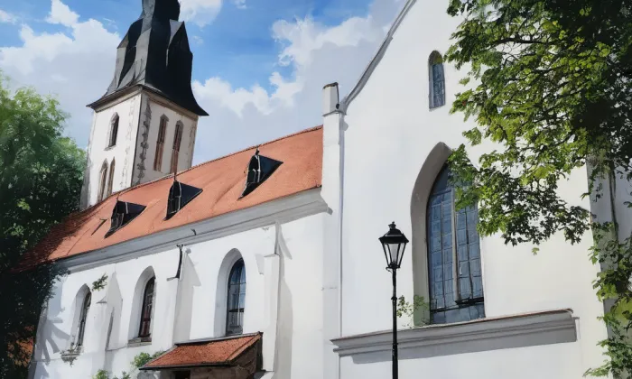 Kostel svatého Mikuláše ve Vacově – akvarel