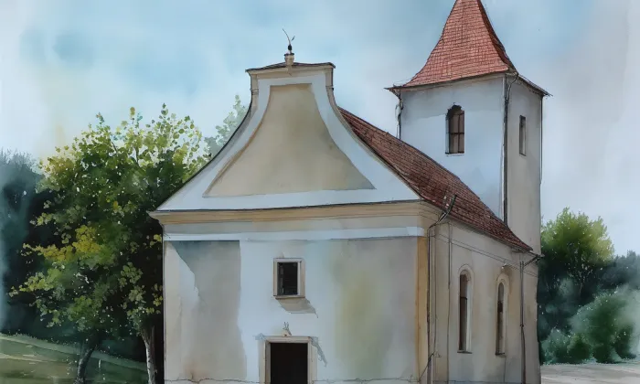 kostel svatého Osvalda (Milovice) – akvarel