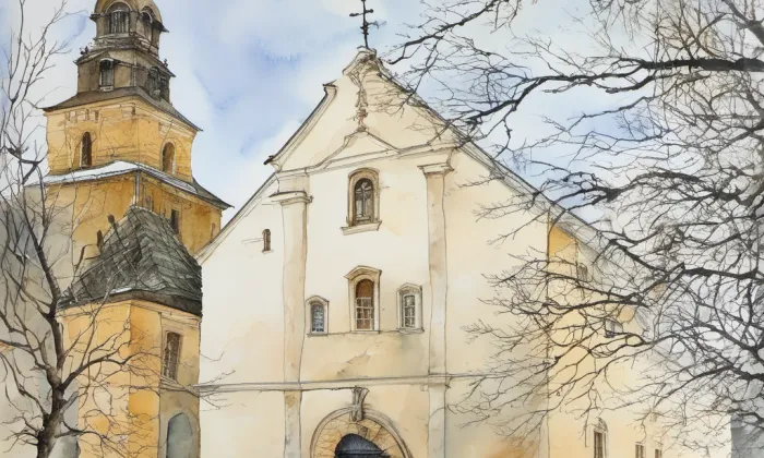 kostel Všech Svatých (Žumberk) – akvarel