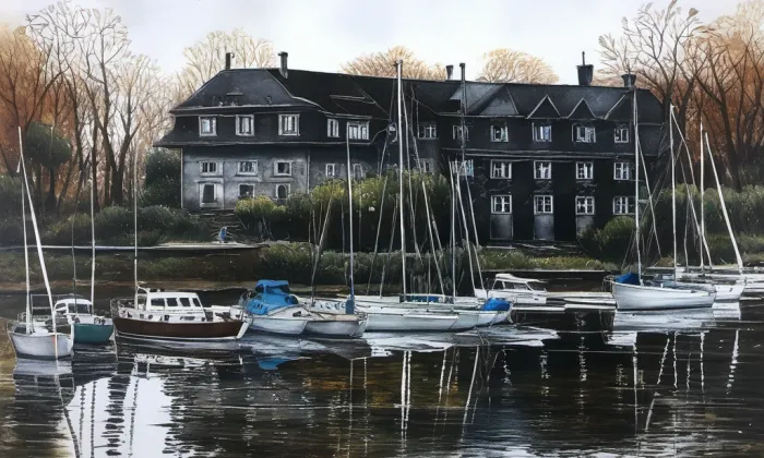 Loděnice Českého Yacht Klubu – akvarel